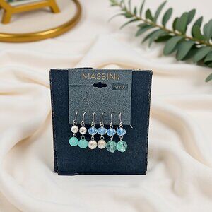 Massini Silver Toned Fishhook Dangle Earrings - Set of 3 - Silver/Turquoise/Blue